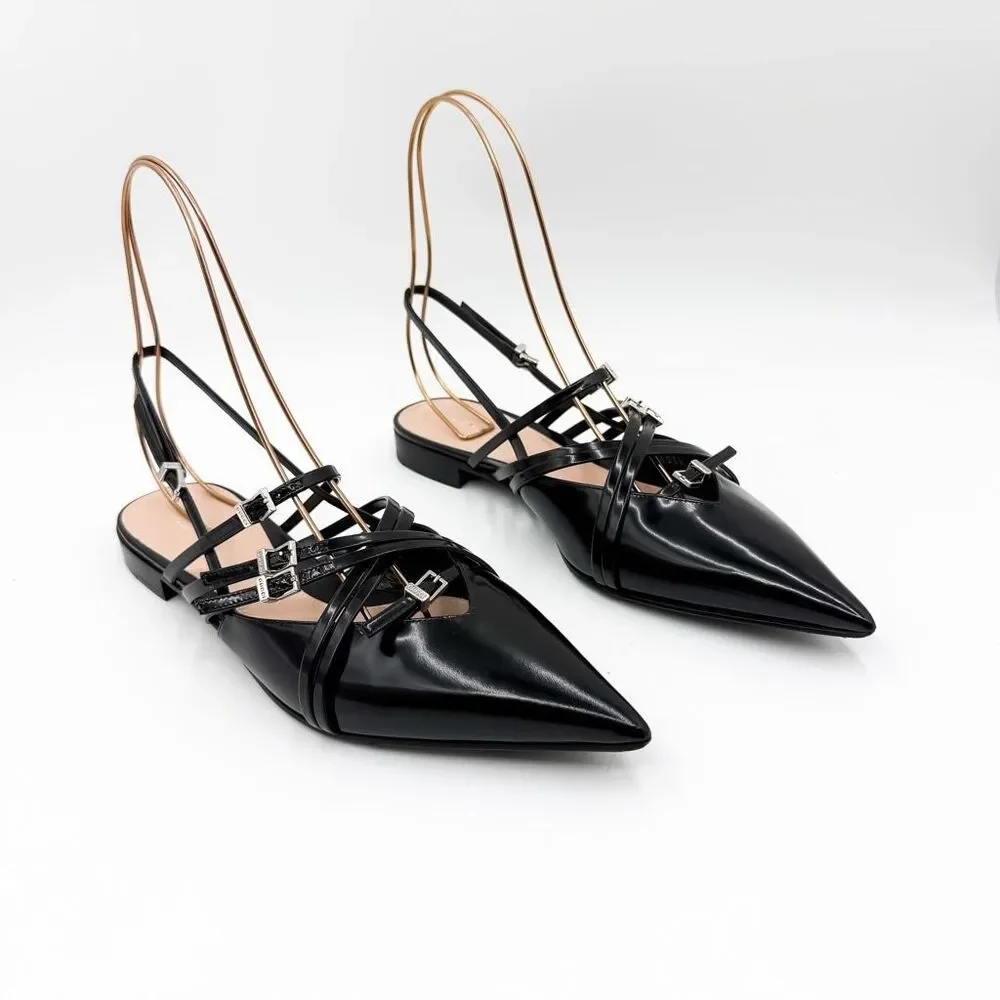 Gucci Seraphine Pointed Toe Buckle Leather Slingback Flats EU 39.5 US 9.5